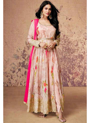Pastel Indowestern Long slit georgette gown with sequin work.